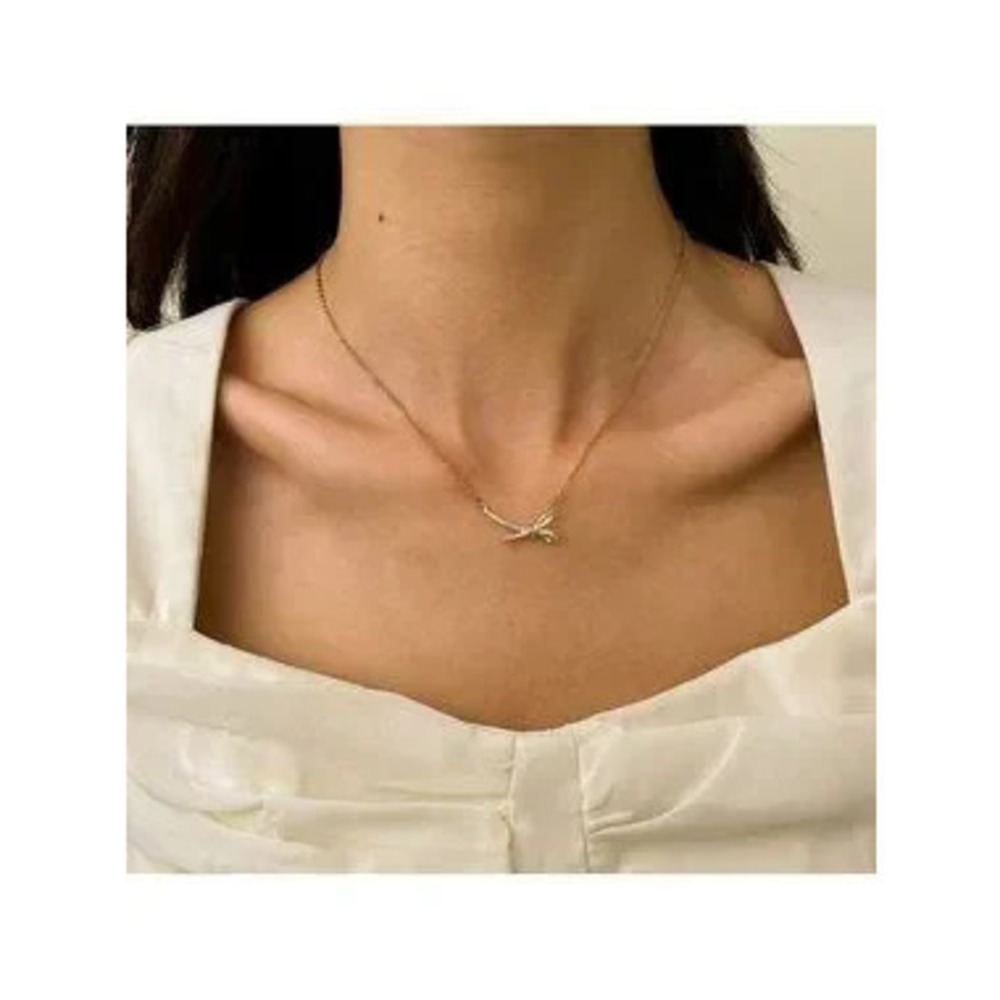 Gold 14k Gold Plated Bow CZ Pendant Chain Necklace